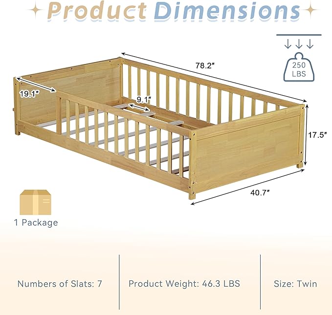 Twin Toddler Floor Bed with High Rails, Wooden Montessori Bed Frame with Built-in Book Rack, Twin Size Bed Frame for Kids, Boys and Girls, Natural