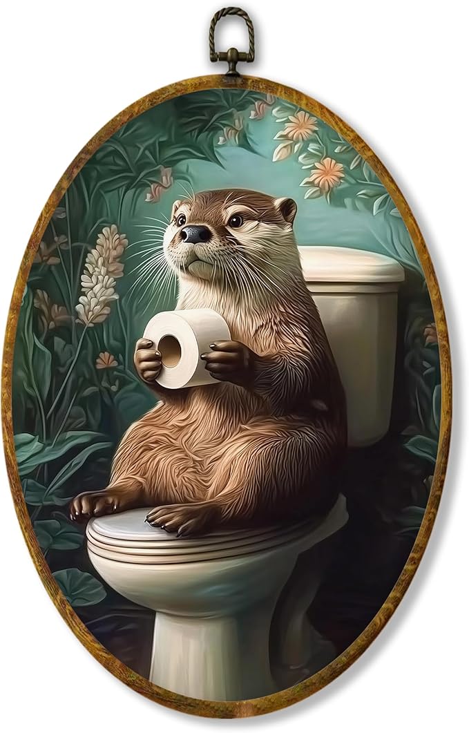 Hiuwevt Otter Toilet Bathroom Oval Wall Art Decor, Funny Floral Sea Otter Framed Canvas Prints, Vintage Green Botanical Animal Oval Wall Hanging Decor for Bathroom Decorations, 8.6x11.4 Inches