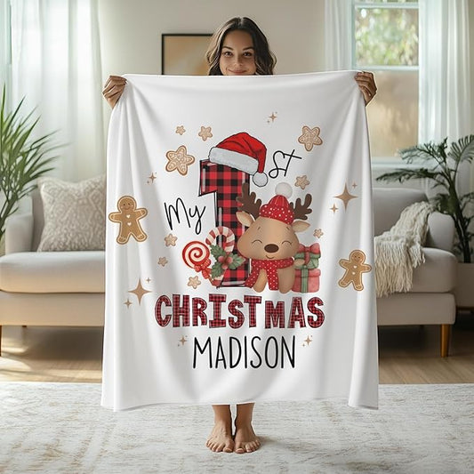 Personalized Baby's First Christmas Blanket, Custom Cute Reindeer Gingerbread Cookie Baby Name Christmas Blanket, Soft Fleece Or Sherpa Throw, Baby Shower, Made in USA