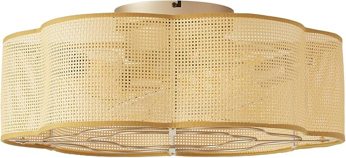 Caged Ceiling Fan with Lights, Flush Mount 20" Boho Ceiling Fans with Lights Remote Control, Low Profile Rattan Bladeless with 6 Speeds for Bedroom, Nursery, Kitchen