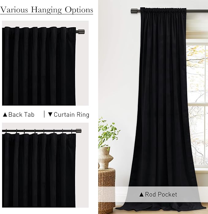 StangH Black Velvet Curtains 108 inches Long for Sliding Door, Back Tab Blackout Thermal Insulated Bedroom Window Drapes Backdrop Curtains for Studio/Theater/Patio Door, W52 x L108, 2 Panels