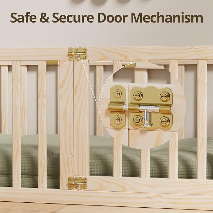 LLS Queen Size Floor Bed with 21.6" High Fence for Kids Boys Girls, Solid Wood Multifunctional Montessori Bed Frame with Door, Without Slats, Natural