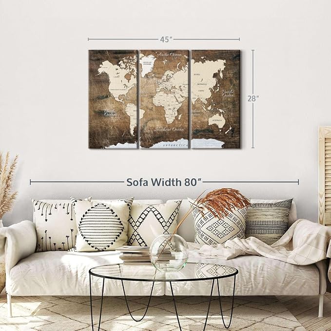 ElephantStock Aged Brown World Map I Wall Art - 3 Piece Canvas World Map Wall Decor - Ready-to-Hang Canvas Print - Vintage Wall Art - 45" X 28"