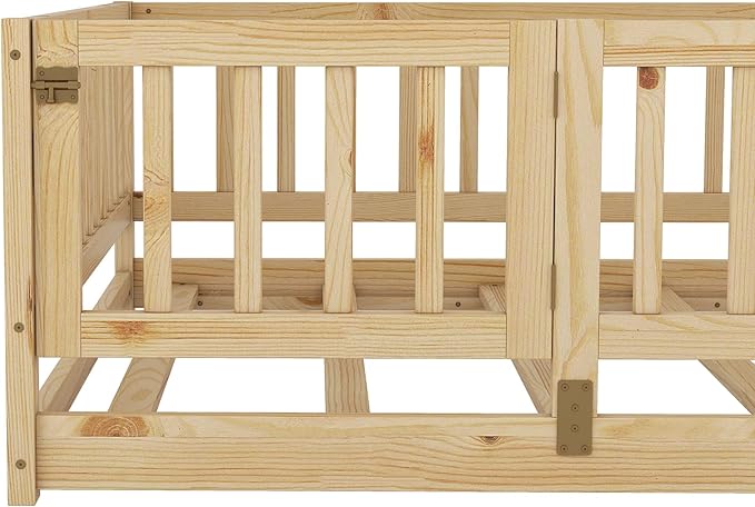 Full Size Floor Bed Frame with Door and Slats,Montessori Floor Bed with Safety Guardrails for Girls Boys,Solid Wood Kids Montessori Bed Full Size,Natural
