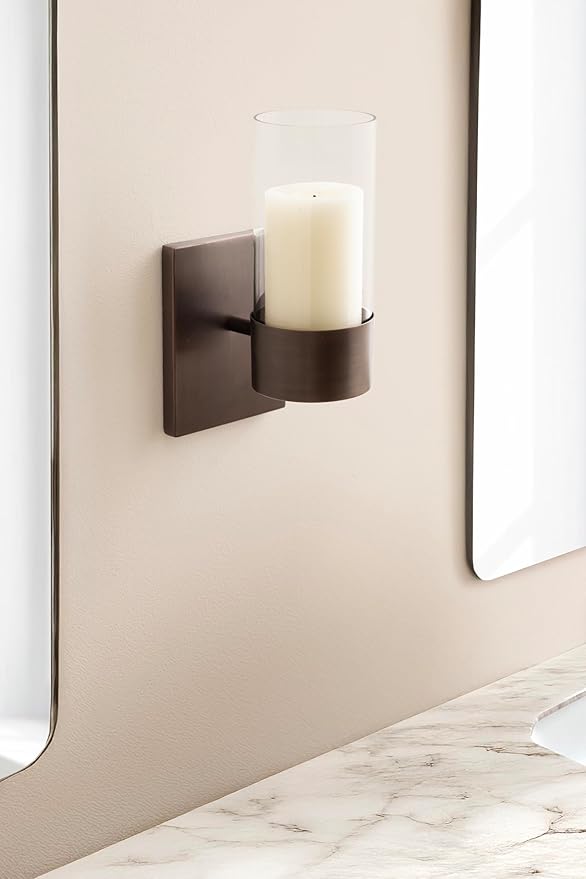 Kate and Laurel Zabler Modern Metal Wall Sconce, 5 x 6 x 10, Bronze, Round Candle Holder with Removable Glass Cylinder for Flameless Candle Display in Bedroom or Bathroom