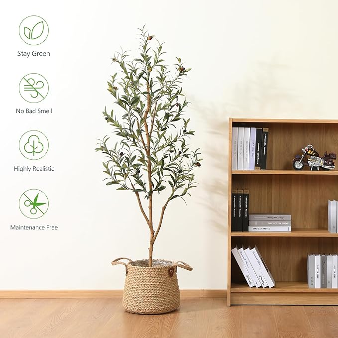 Kazeila Artificial Olive Tree 5FT Tall Faux Silk Plant for Home Office Decor Indoor Fake Potted Tree with Wood Branches and Fruits, 2 Pack