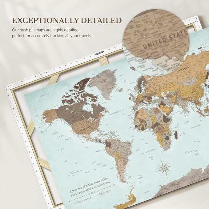 ElephantStock - A Thousand Miles World Push Pin Map Wall Art - Horizontal Canvas Wall Art - Living Room Wall Decor - Printmaking Map Canvas Art - Blue And Brown Decor - 51" x 34"