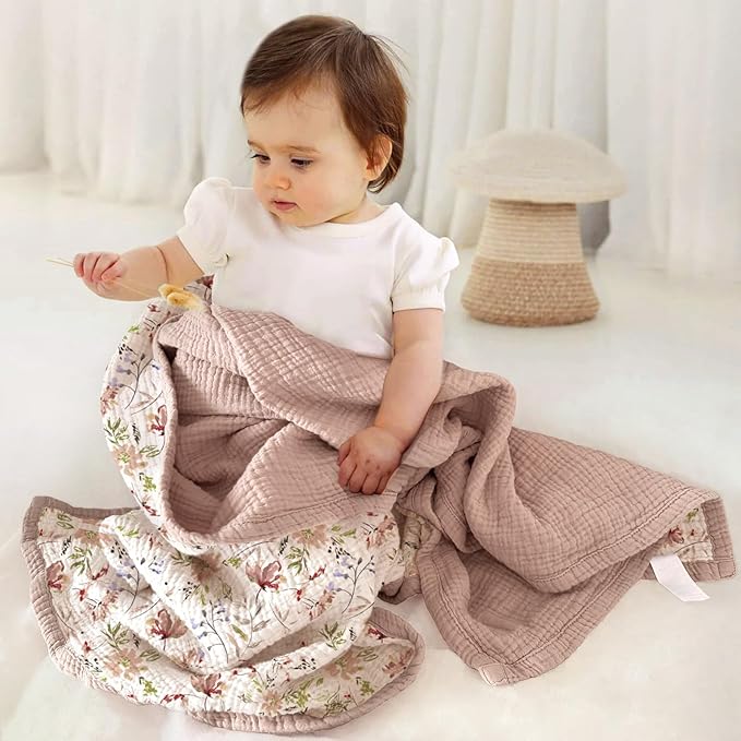 lulumoon Muslin Blanket Baby for Girls: Cotton Crib Blanket with Wildflowers - Soft Lightweight for Daycare 47"x47"（Sand Floral）