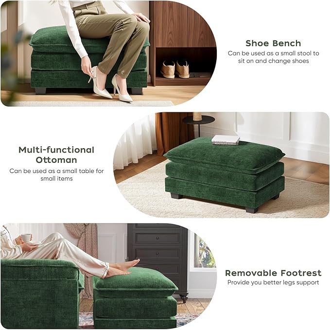 CDCASA Oversized Accent Chair with Ottoman, Chenille Comfy Cloud Sofa Chair with Large Seat and Upholstered Armrests, Modern Extra Wide Armchair Reading Chairs for Bedroom, Living Room,Green