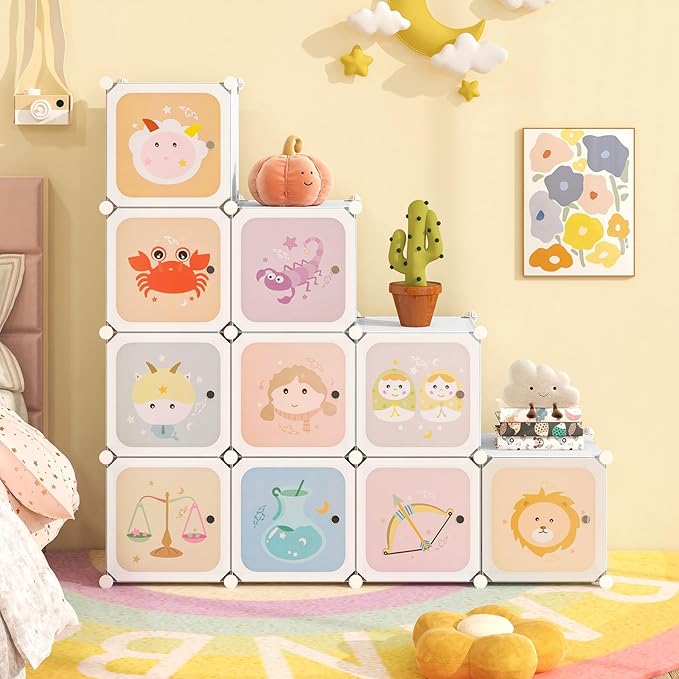 INFANS Children Wardrobe, Kid Closet Portable Baby Dresser Cute for Kids Bedroom Nursery Armoire with Doors 12 Cube 2 Hanging Sections, Kid Clothes Storage Organizer