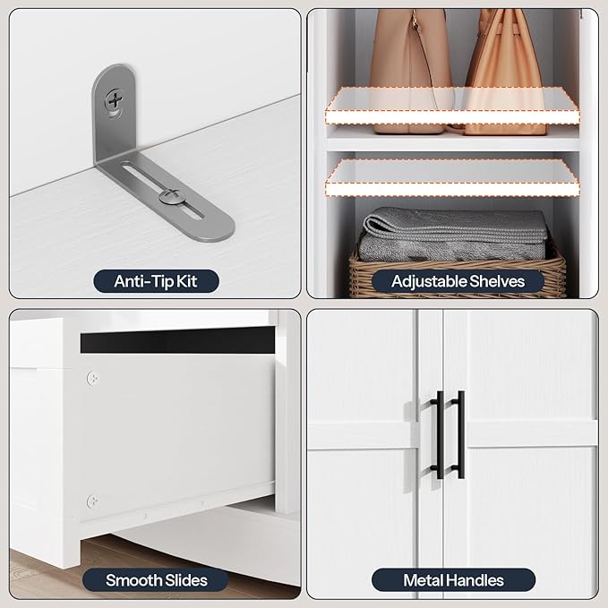 HOOBRO Armoire Wardrobe Closet with Mirror, Wooden Wardrobe Closet with 4 Doors and 2 Drawers, 70.9" Bedroom Armoire with Hanging Rod for Bedroom, Clothing Storage Closets, Adjustable Shelves, White