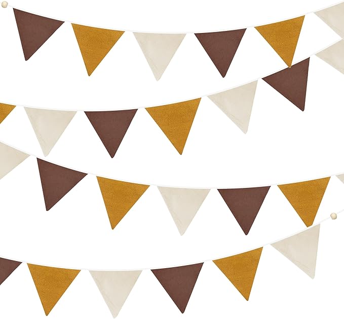 2 Sets of Brown Ginger Beige Nursery Garland 24Pcs Neutral Fabric Linen Pennant Banner Flags Triangle Streamers for Baby Playroom Decor Kids Camping Birthday Baby Shower Boho Party Decorations