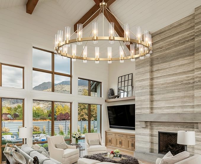 60 Inch Gold Chandelier, Wagon Wheel Chandelier with Glass Shade, 20-Lights Large Round Modern Farmhouse High Ceiling Pendant Lighting Fixture for Dining Room, Living Room, Kitchen, Foyer