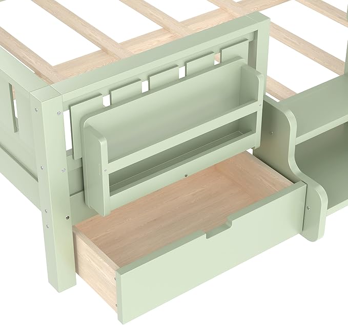 Bellemave Full Size Kids Bed with high Rails and with Built-in Bookshelf and Drawers for Kids, Girls, Boys, Wood Montessori Bed Without Door, Avocado Green