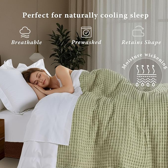 Threadmill Cooling Cotton Waffle Queen Size Blanket | Breathable, Lightweight & Ultra-Soft |Made from Rayon Derived from Bamboo | Cooling Throw Blanket for Couch and Sofa|90 x 92 Inches | Sage Green