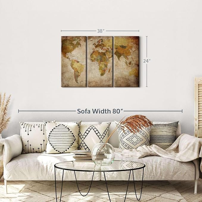 ElephantStock World Map Multi Piece Canvas - 3 Piece Canvas World Map Wall Decor - Wall Decor Ready-to-Hang Print - Vintage Wall Art - 38" X 24"