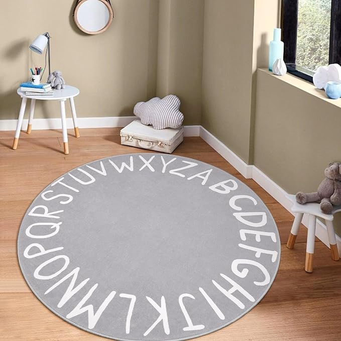LIVEBOX ABC Kids Round Play Room Rug for Classroom, Large Washable Rug for Nursery, Non-Slip Toddler Rug for Boys and Girls, Soft Circle Carpet Learning Crawling Mat for Playroom Dorm(71",Grey)