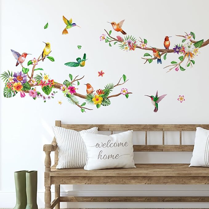 Zonon 6 Pcs Flowers Wall Decals Stickers Vinyl Removable Peel and Stick Colorful Dragonflies Floral Wall Murals Decor for Bedroom Living Room Nursery(Hummingbirds)