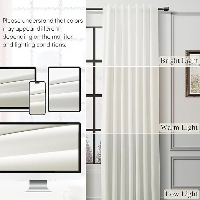 Guken Ivory Linen 100% Blackout Curtains for Bedroom 90 Inches Long 2 Panels Set Textured Hook Belt Light Blocking Thermal Insulated Soundproof Privacy Back Tab Bedroom Backdrop Cream Nautral 52x90