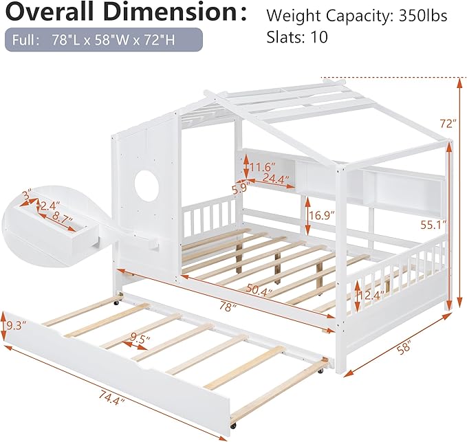 Full Size Bed Frames for Kids, House Bed with Trundle and Shelves, Wood Playhouse Platform Bed Frame with Window and Fence for Boys Girls, White, 74.4" L x 58" W x 72" H
