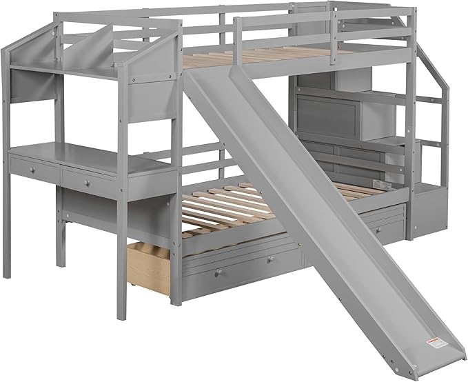 Twin Over Twin Bunk Bed with Storage Staircase and Slide, Wooden Bunk Bed Frame with Desk and Drawers, Multifunctional Bunk Bed for Kids Teens Adult Bedroom (Gray + Pine-Twin-04)