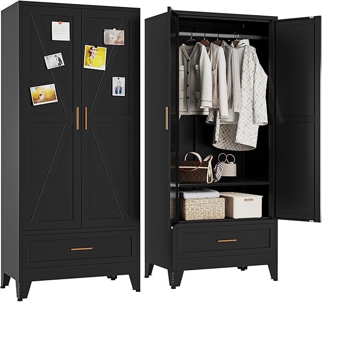Metal Wardrobe Closet Cabinet with Drawers,71" H Large Bedroom Armoires with Shelves and Hanging Rod,Wardrobe Storage Cabinet with 2 Doors, 1 Adjustable Shelf and Drawers (1Drawer, Black)