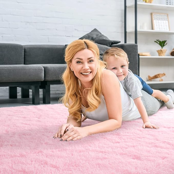 Merelax Soft Modern Indoor Large Shaggy Rug for Livingroom Bedroom Dorm Kids Room Home Decorative, Non-Slip Plush Fluffy Furry Fur Area Rugs Comfy Nursery Accent Floor Carpet 8x10 Feet, Pink