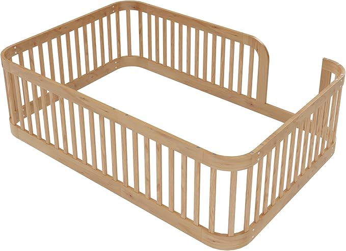 Full Size Floor Bed with Fence for Boys Girls, Solid Wood Natural Bed Frame, Natural