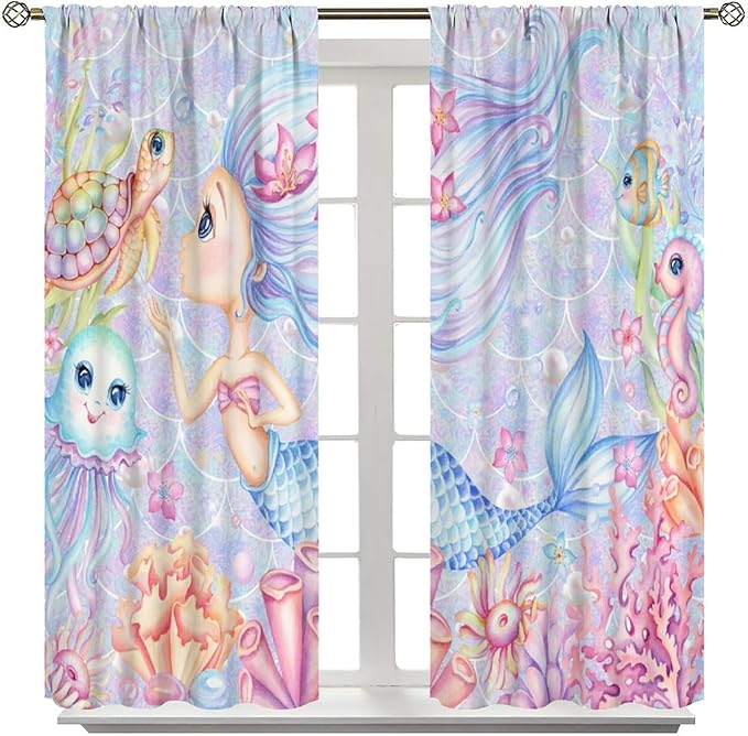 Mermaid Curtains for Girls Children Pink Sea Animal Mermaid Coral Bedroom Curtains for Living Room Room 42x45 Inch