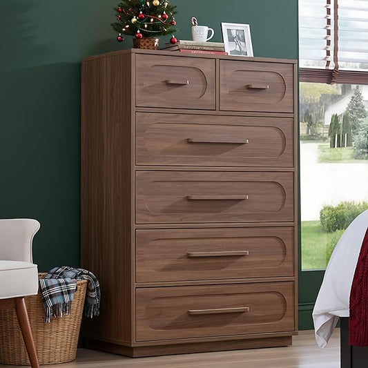 Walnut 6 Drawer Dresser for Bedroom, 44" Tall Dressers & Chest of Drawers with Solid Wood Handle, Wood Storage Dressers Organizer for Bedroom, Living Room