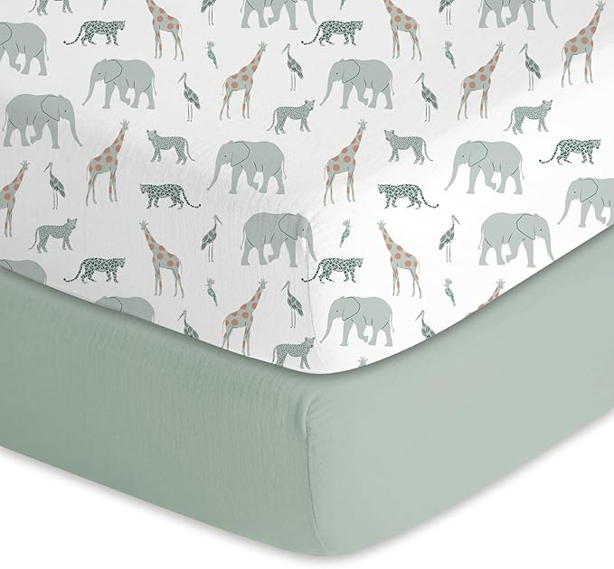Little Grape Land Muslin Crib Sheets Fitted for Boys and Girls 2 Pack, 100% Cotton Baby Bed Sheets Soft Breathable, Neutral Fitted Baby Mattress Sheets for Standard Crib 52x28, Safari