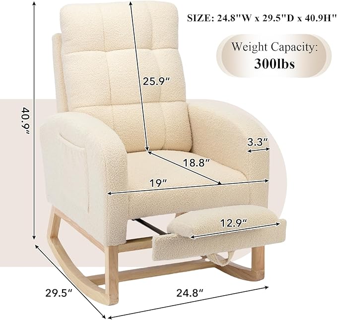 Nursery Rocking Chair, Polyester Upholstered Glider Chair with Footrest, Comfy Rocker Chair, Accent Chair with High Backrest, Glider Rocker, Armchair for Living Room (Beige Teddy)