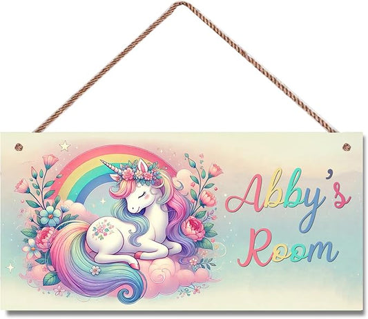 Personalized Rainbow Unicorn Flowers Door Sign Girls Bedroom Kids Nursery Wall Decor Custom Name Art Wooden Plaque For Home Kitchen Garden Yard Wall Club Front Door Decor
