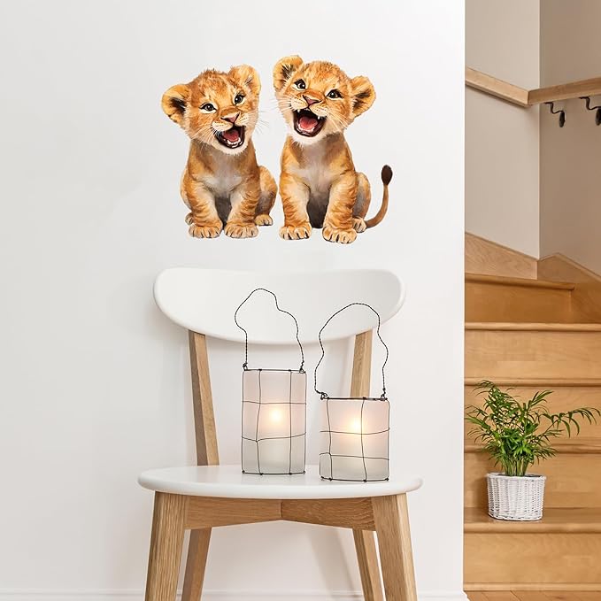 Baby Lions Wall Decals Removable Animal Cubs Vinyl Stickers for Nursery Living Room and Kids Playroom Watercolor Decor Peel and Stick Wall Art