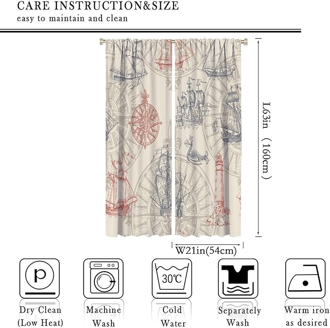 Nautical Curtain Set, Yellow Polyester, 2 Panels, 42x63 Inches, Contemporary Ocean Theme, Bathroom, Window Treatment Panels
