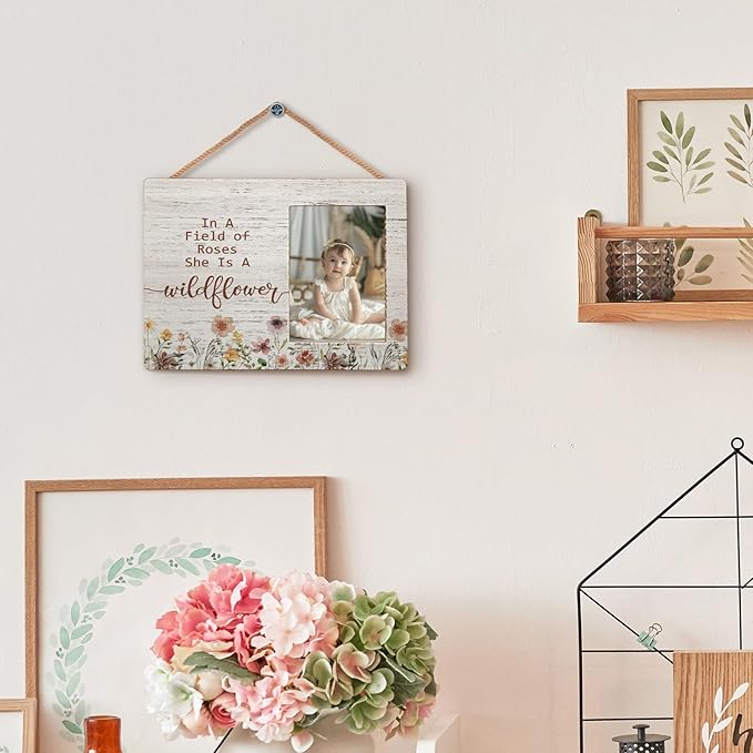 Baby Girl Picture Frame, Gifts for Daughter, In a Field of Roses She Is a Wildflower Picture Frames, Girl Photo Frame for Daughter Friend Girls, Inspirational Wood Photo Frame for 4x6 Photos