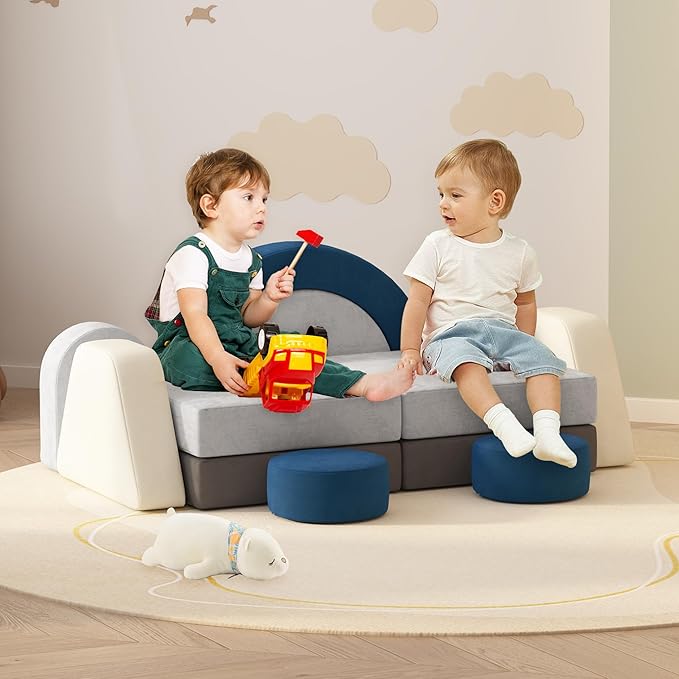 12 PCS Modular Kids Play Block Couch Child Sectional Soft Sofa Toddler Building Fortplay Climbing Bedroom Playroom Baby Convertible Floor Foam Cushion for Boys & Girls (Blue+Grey+Beige)