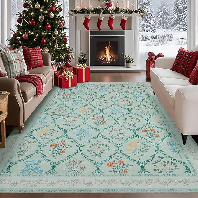 YIHOUSE Green Floral Print Rugs, Moroccan Trellis 10x14 Washable Large Rug, Modern Pastel Non Slip Ultra-Thin Area Rug for Classroom, Nursery Playroom,Dorm,Bedroom,Living Room, Green Multi