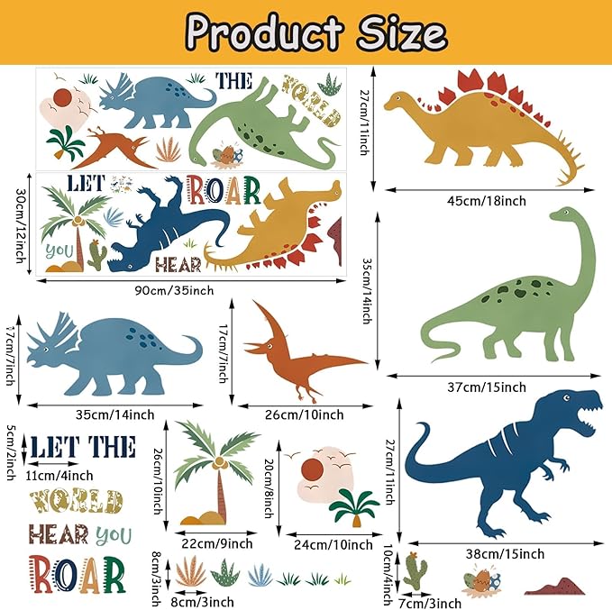 Boho Dinosaur Wall Decals with Palm Trees - Peel and Stick Dinosaur Wall Decor for Boys Room, Kids Bedroom, Playroom