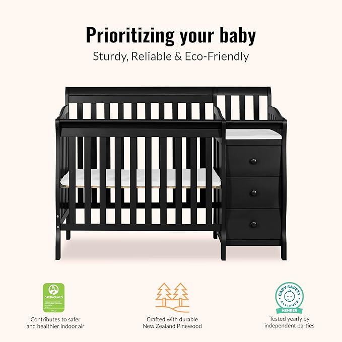 Dream On Me Jayden 4‑in‑1 Mini Convertible Baby Crib & Changer with Storage in Black, Pinewood, GreenGuard Gold & JPMA, 1” Mattress Pad, 3 Mattress Heights, Converts to Mini Day & Twin-Size Bed