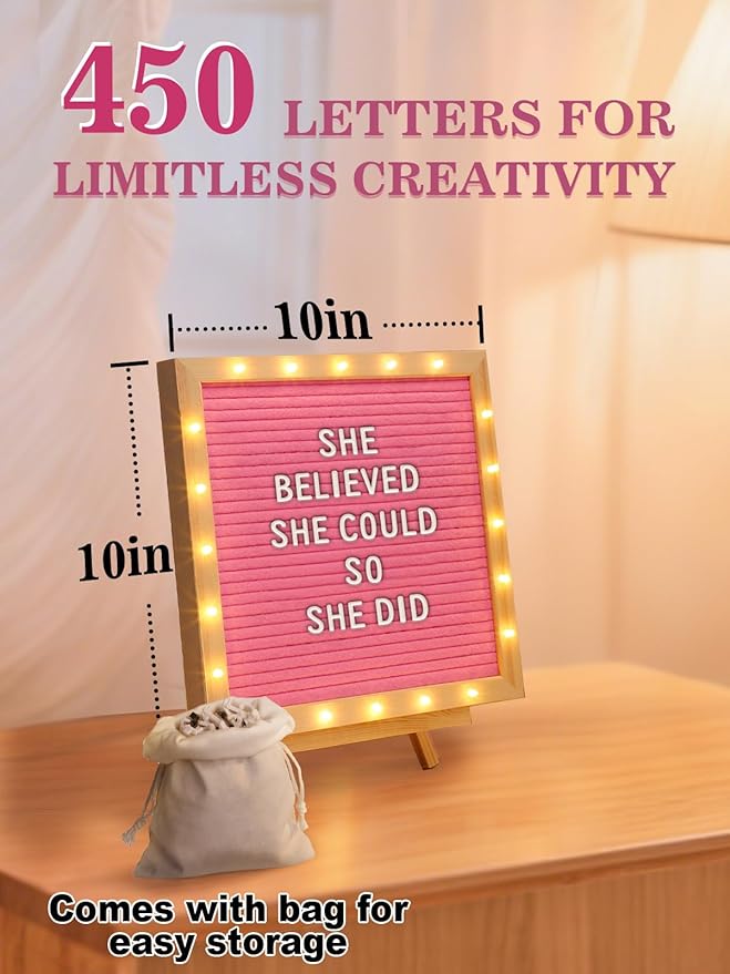 Changeable Felt Letter Board with LED Lights - 10×10" Message Custom Signs & Wood Stand & 450 Letters, Poster Board for Christmas/Pregnancy/Baby Announcement/Baby Shower/Wall Decor Gifts, Pink