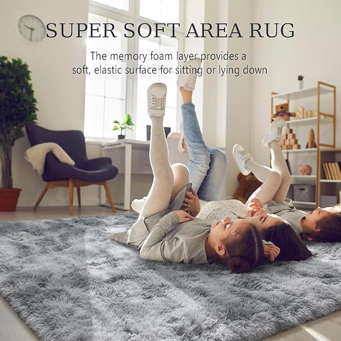 BENRON Fluffy Tie-dye Grey Rugs for Living Room Bedroom 4x6, Soft Plush Fuzzy Shaggy Rugs for Kids Girls Boys Room Decor, Washable Indoor Floor Carpets