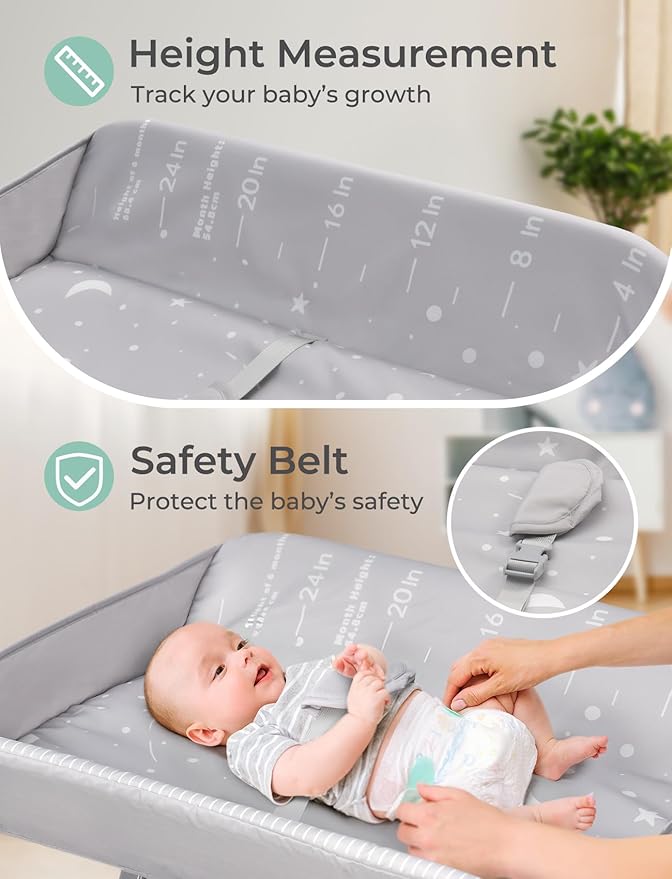 Baby Changing Table with Heating Function, Portable Folding Changing Table with Wheels, Waterproof Diaper Changing Station with 2 Drawers, Adjustable Height, Baby Changing Station for Infant, Newborn