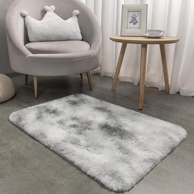Merelax 2x3 Fluffy Small Soft Area Rugs for Livingroom, Tie-Dyed White Grey Mini Shaggy Throw Rug, Abstract Fuzzy Door Entryway Indoor Inside Front Entrance Dog Mat Accent Home Decor Aesthetic