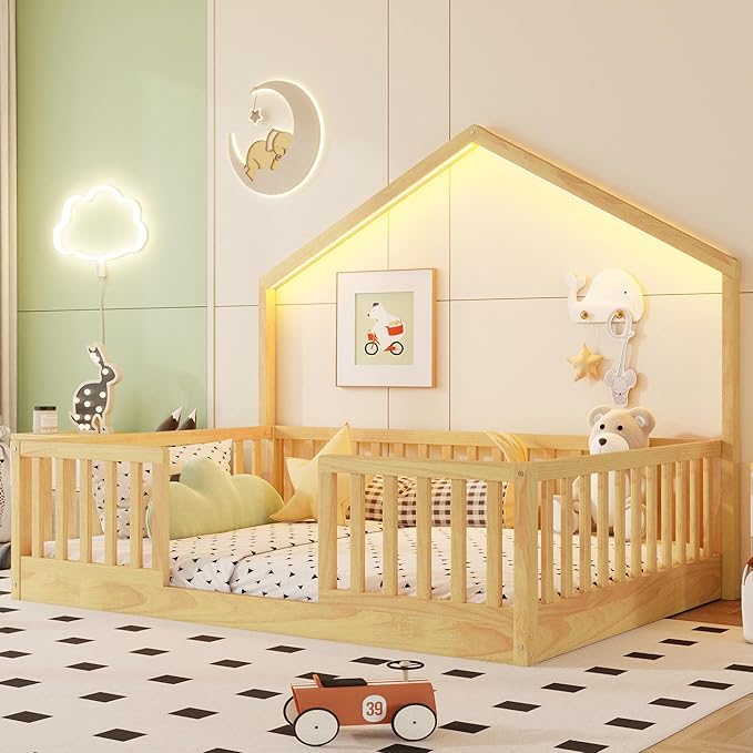 Full Size House Bed for Kids, Low Profile Full Montessori Bed with High Railings, Wood House Shape Montessori Beds with Light & Roof for Kids, Natural