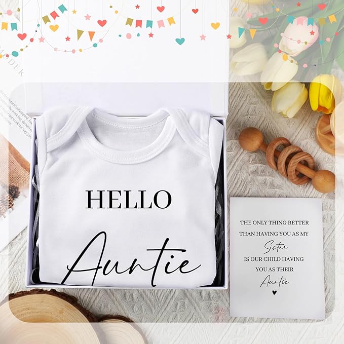 4 Pcs Pregnancy Announcement for Aunt, Hello Auntie Baby Bodysuit, Hello Auntie Pregnancy Reveal Card Baby Reveal Gift Box Baby Announcement Gifts Set for Aunt Women