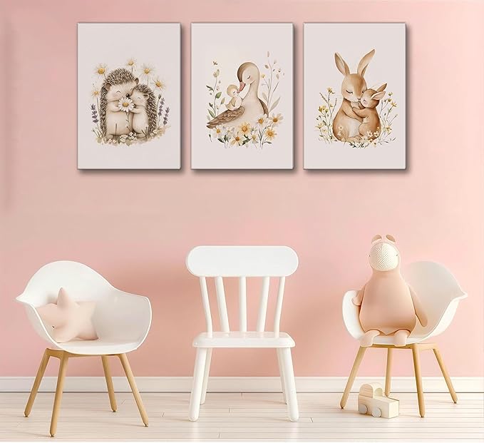 3 Pcs Animal Nursery Canvas Wall Art Watercolor Baby Animals with Wildflowers Painting Picture Wall Decor Cute Rabbit Hedgehog Duck Nursery Paintings Artwork for Kids, Baby Room Home Decoration
