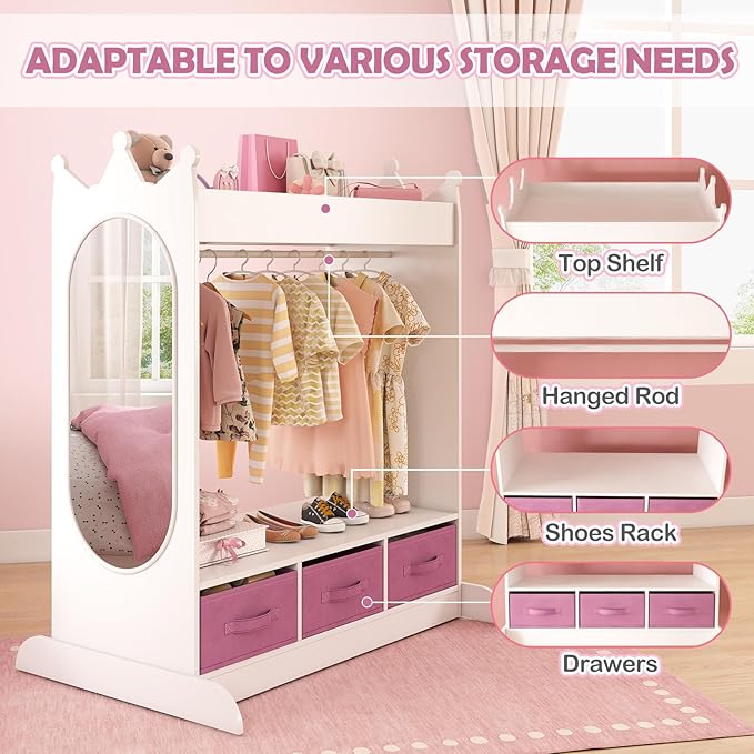 COSVALVE JOYLDIAS Kids Dress Up Storage with Mirror and Drawers, Kid Armoire Dresser, Pretend Storage Closet for Kids, Costume Wardrobe with Top Shelf for Playroom Bedroom, Lovely White