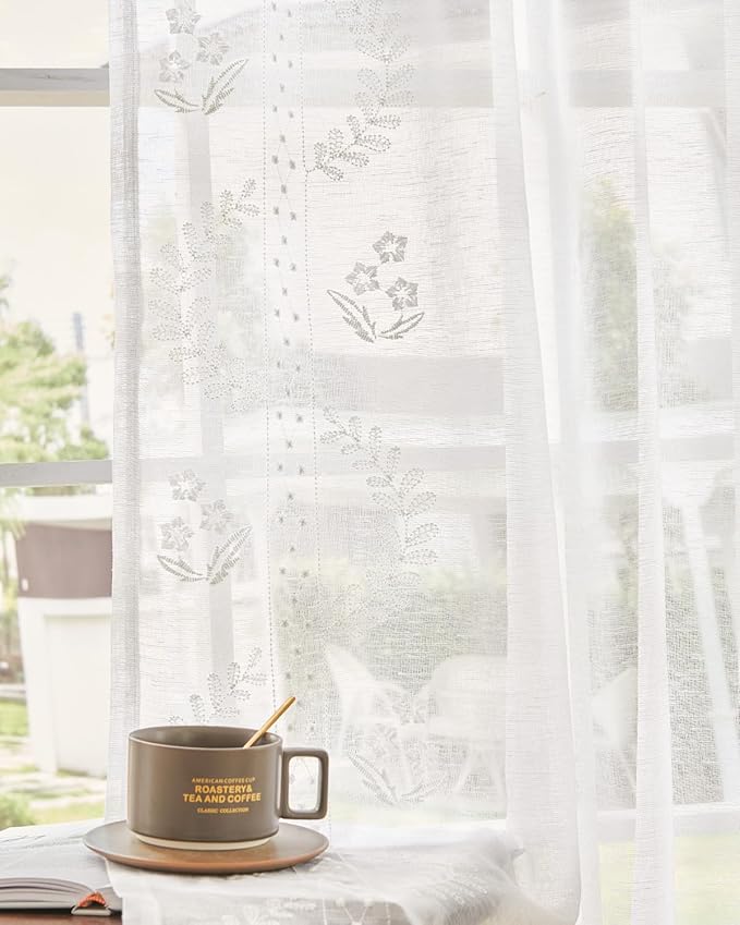 jinchan Belrose Linen Sheer Curtains for Living Room 84 Inch Length Sheer Voile Embroidered Floral Curtains for Bedroom Light Filtering Rod Pocket Window Treatments Farmhouse Decor 2 Panels White