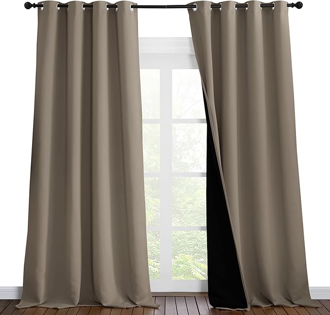 NICETOWN 100% Blackout Blinds, Set of 2, 52 inches x 102 inches, Laundry Room Decor Window Treatment Curtains for Large Patio Sliding Door, Thermal Insulated Taupe Curtains for Bedroom
